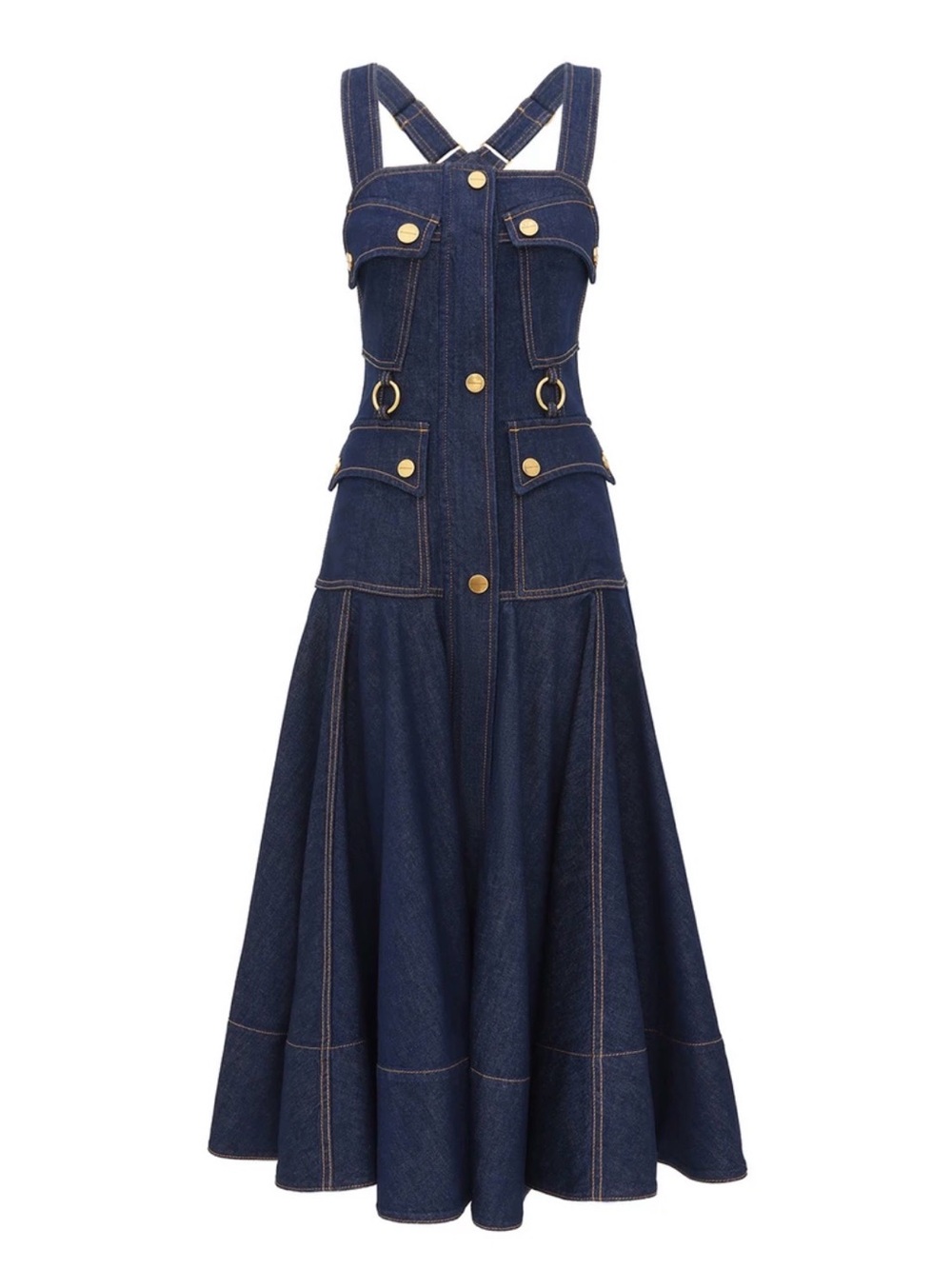 Luna Denim Midi Pinafore Dress with Gold Buttons